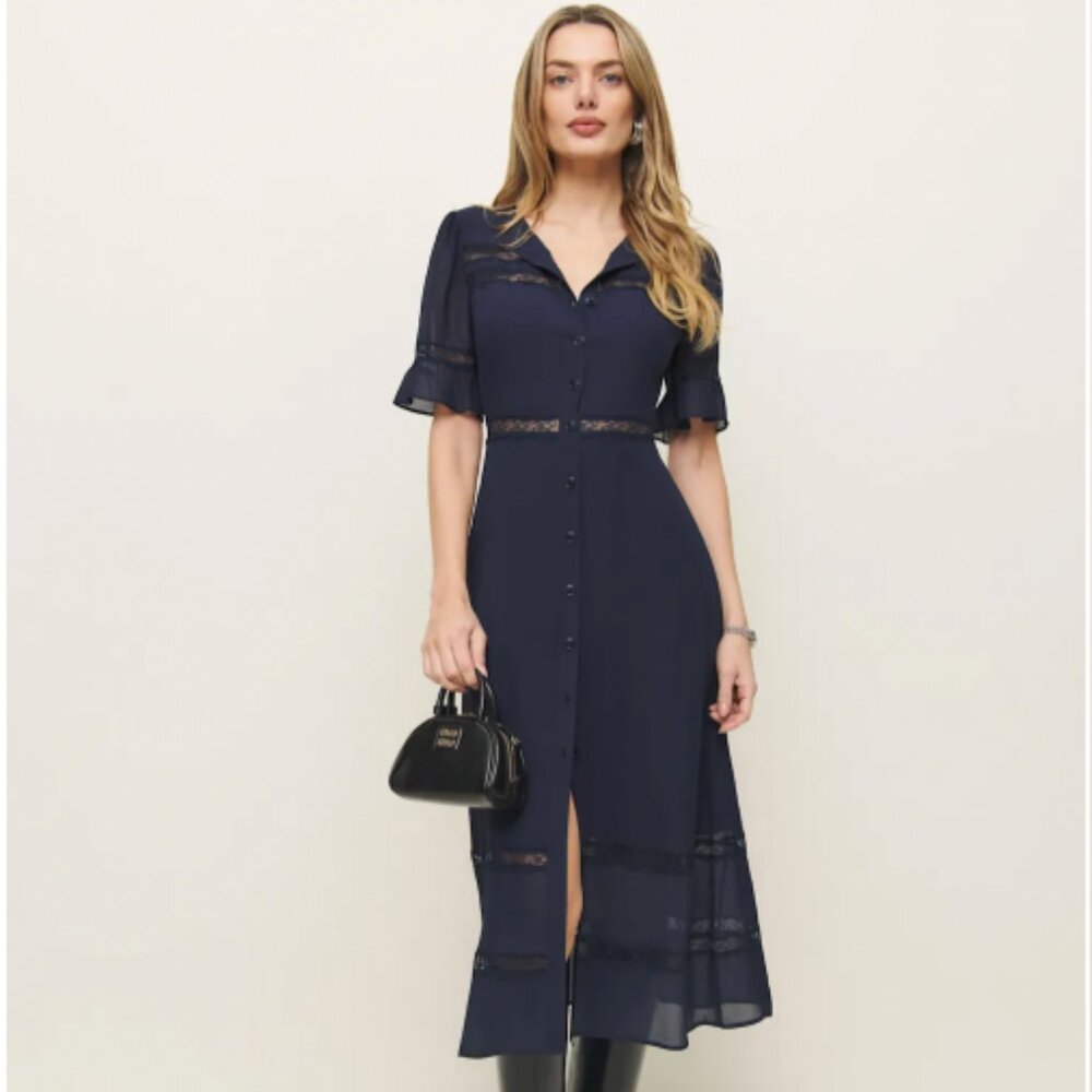 Reformation Woodson Dress, Navy, Size 8